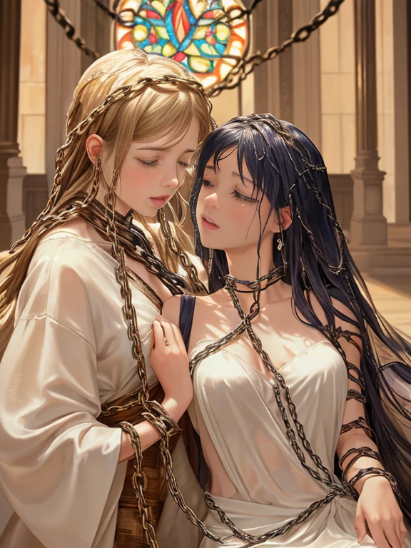 {(watercolor painting:1.2),(ultra realistic photo graphic style:1.1),(renaissance style:1.2)}, {(extremely detailed beautiful face and eyes and skin and hair)}, BREAK, { face,anguish,(very ecstas(writhing:1.4),embarrassing,half open eye},{(very obscene pose:1.2),(arched back:1.2),(arch one's head:1.4)}, {(very Amazing mini length dress:1.2), (very beautiful mini length dress:1.2),(beige colored dress), (sky-blue colored dress), (green-yellow colored dress),(magenta colored dress),(wet clothes:1.2)}, BREAK, {(many chains from the ceiling:1.4), (chain shibari:1.3),bondage), (chain res,(wrap limbs with chains:1.8),(chain bind body),(chain in collar:1.2), confinement, shackles}, BREAK, {(2 woman, medium breasts, (lick each other:1iva), braid hair intricately)},{dynamic low angle view}, {(palace throne room:1.2),(glowing stained glass:1.2)}, BREAK,{(glowing tears:1.1),(pure white skin:1.1)}