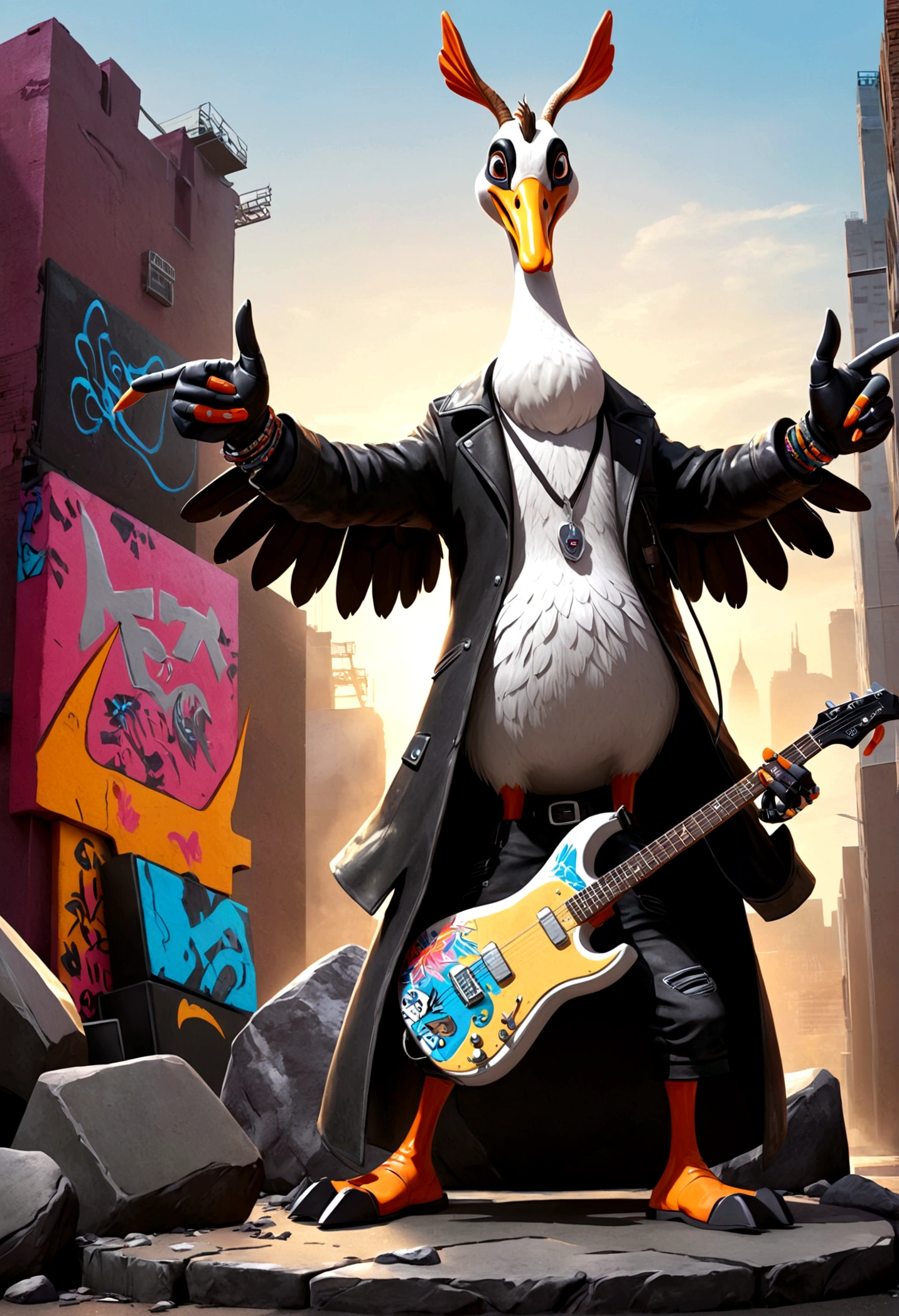 A 3D mascot-style goose is the central character of this image. The goose is wearing sunglasses and making theThe Rock And Roll Hand Sign (the sign of the horns) with one wing. The setting is an urban hard rock scene with elements such as graffiti-covered walls, electric guitars, amplifiers, and perhaps a stage. The overall vibe is gritty and energetic, with dark tones and bright highlights to emphasize the hard rock atmosphere. 8k, detailed portrait, striking pose, dynamic action, vibrant colors, neon lighting, futuristic, cyberpunk, hyper-realistic, cinematic, dramatic, mesmerizing