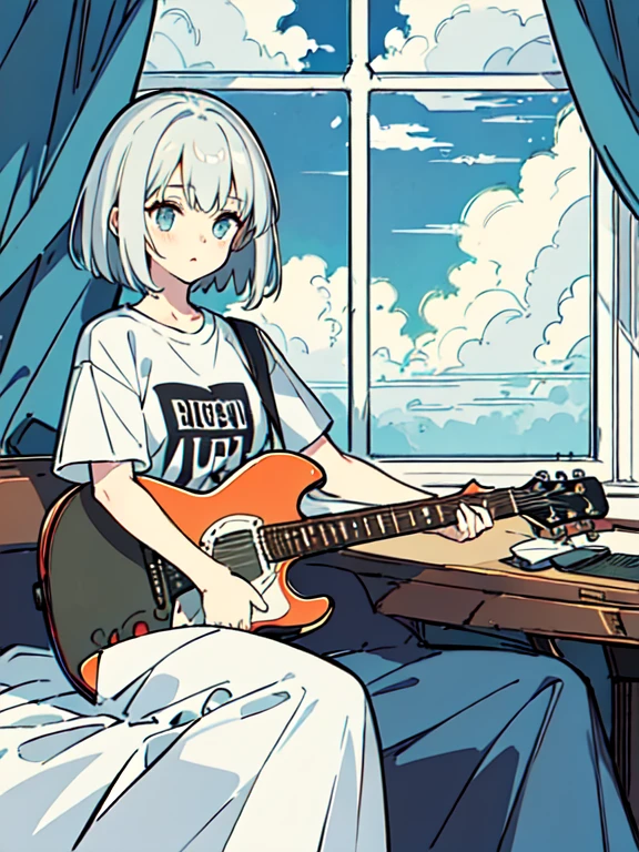 (Best lighting, Very delicate and beautiful), cloud, afternoon, Light blue sky, One girl, Very detailed, Beautiful attention to detail, Brown Bob, Looking out from the window, guitar, Toy small car, Musical score, Inside the room, pop, Oversized T-shirt