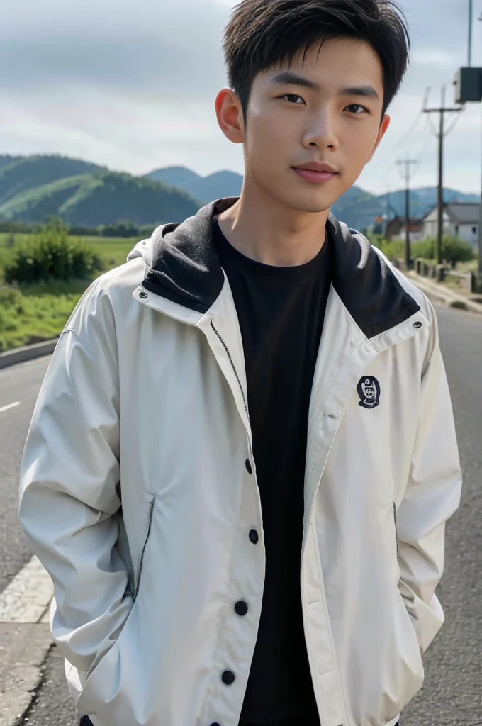 Masterpiece, best quality best, 1 young man, Asian man, East Asian people, one person, The muscles are in good proportion., Posing obscenely, short hair details, white teeth, jacket set, road background, Realistic style,photography,Can be seen from the front, see viewersMasterpiece, best quality best, 1 young man, Asian man, East Asian people, one person, The muscles are in good proportion., Posing obscenely, short hair details, white teeth, jacket set, road background, Realistic style,photography,Can be seen from the front, see viewers