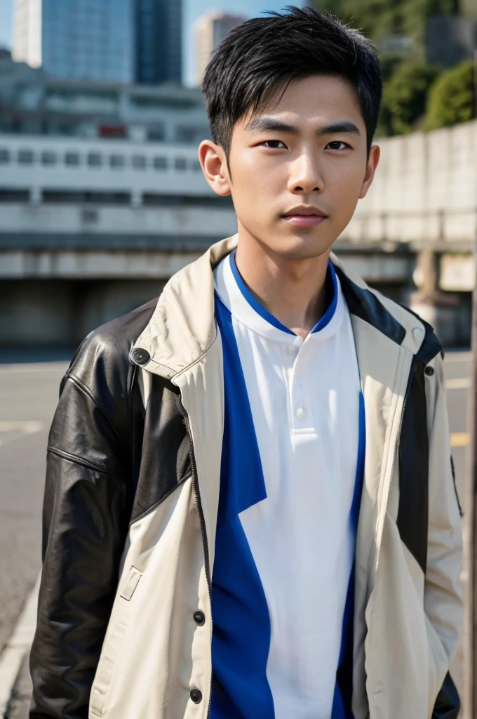 Masterpiece, best quality best, ung man, Asian man, East Asian people, one person, The muscles are in good proportion., Posing obscenely, short hair details, white teeth, jacket set, road background, Realistic style,photography,Can be seen from the front, see viewers