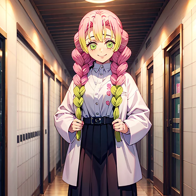 Kanroji Mitsuri is standing alone, smiling, in front of a large modern white store.