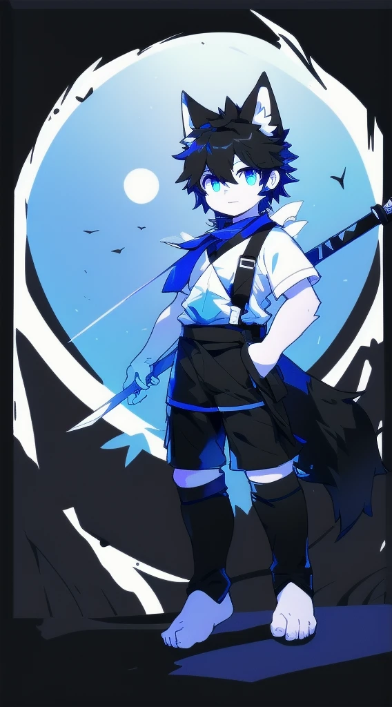 White Wolf，black hair，Sky blue eyes，hairy，Wolf ears，Wolf tail，Full body portrait，The character is in the center of the frame，Handsome，Confident eyes，male，juvenile，Black and white combat uniform，Red neck bib，Black shorts，Short sleeve，hairy arms and legs，Dark background，Dark battlefield，dawn，sunrise，dawn，illumination，shadow，Swordsman，Scabbard and sword，Hold the hilt of a sword in your hand，The scabbard is at the waist，Highest quality