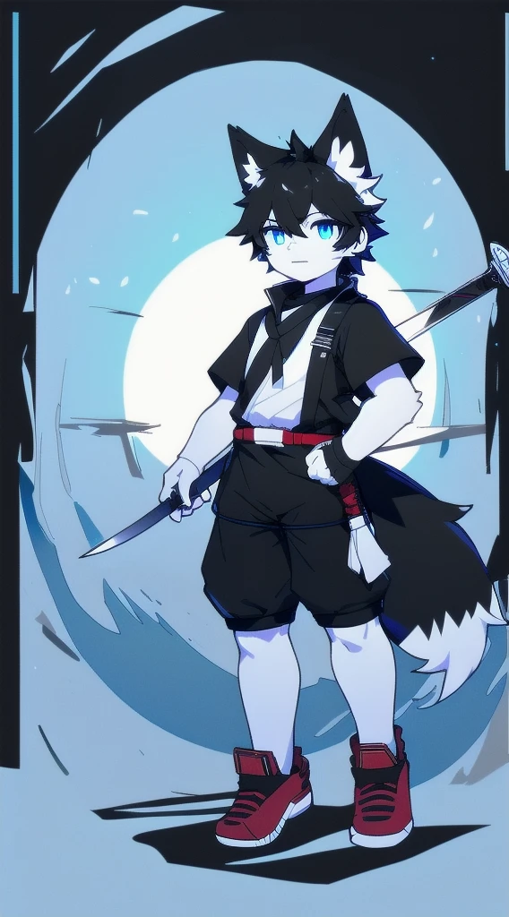 White Wolf,black hair,Sky blue eyes,hairy,Wolf ears,Wolf tail,Full body portrait,The character is in the center of the frame,Handsome,Confident eyes,male,juvenile,Black and white combat uniform,Red neck bib,Black shorts,Short sleeve,hairy arms and legs,Dark background,Dark battlefield,dawn,sunrise,dawn,illumination,shadow,Swordsman,Scabbard and sword,Hold the hilt of a sword in your hand,The scabbard is at the waist,Highest quality