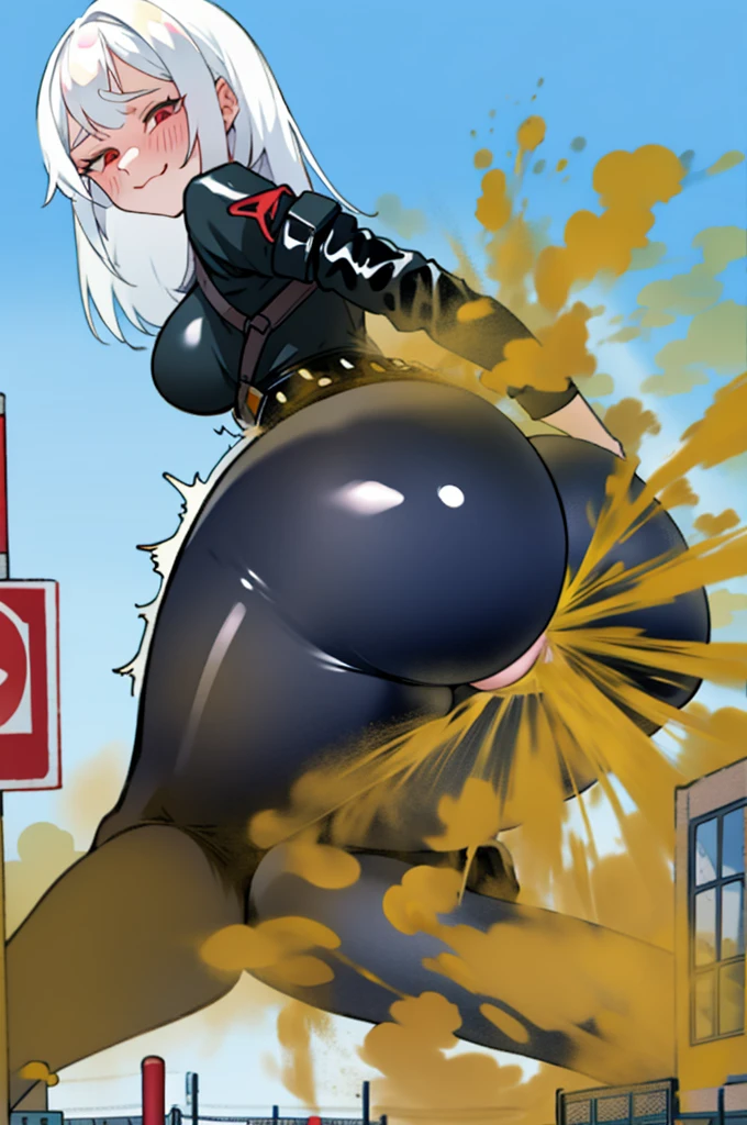 Sexy anime girl, white hair, red eyes, Sitting and farting on building and her ass is crushing it, the building is collapsing, wearing latex pants,(orgasm, Ahegao, crossed eyes, she is happy and horny), (collapsed building, girl farting), her ass is crushing the building, her ass facing screen, impact, girl is riding a building, (crushed by ass), girl farting