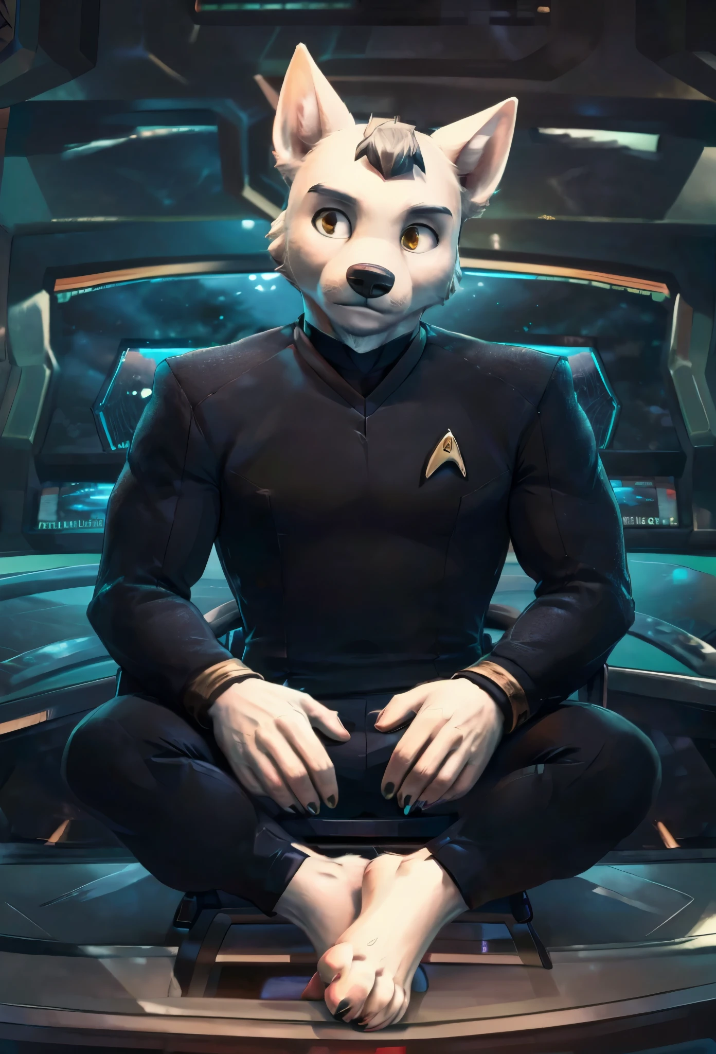 (((Barefoot furry character, full body, cinematic setting, furry male, plantigrade))) 

(((Bolt))) (anthro dog with white fur, very cute and young looking face, big black snout), exudes confidence and authority as he sits in the captain's chair, and his (((Star Trek uniform))) with the Starfleet Delta badge on his chest is a perfect match for his muscular figure. Handsome clawed feet paws dominate the bridge of the star ship and its crew. ((Bridge of Star Trek starship with many screens and consoles as background)), futuristic look, metalic. anatomically correct, Long black pants, blue shirt of science officer.

BREAK, intricate details, highly detailed, extreme detail, octane render, fine art, best quality, highres, (detailed face:1.5), ((full_body)), UHD, (((perfect hands))), low light