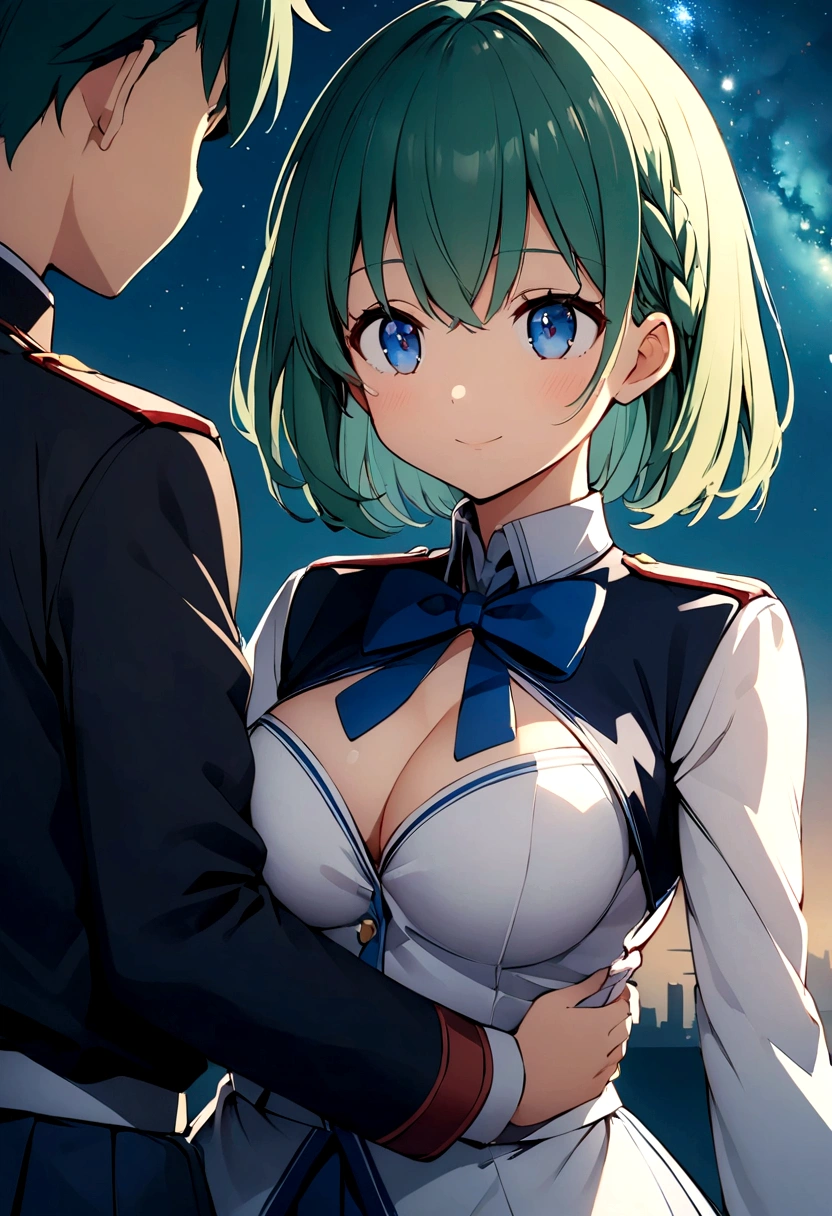 Blue-green hair　girl　Blue Eyes　Short Hair　レッサーパンダstuffed toy　Second Dimension　anime　An illustration　vtuber　C Cup　Warrior uniform　military uniform long sleeves　Clothes patina　Cleavage　stuffed toy　Embrace　Braided Hair Arrangement　The background is a starry sky like the universe　Ready your sword