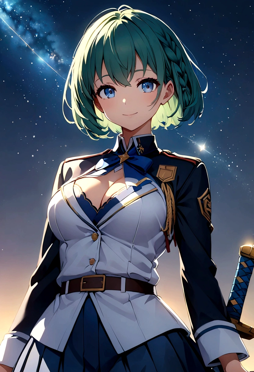 Blue-green hair girl Blue Eyes Short Hair レッサーパンダstuffed toy Second Dimension anime An illustration vtuber C Cup Warrior uniform military uniform long sleeves Clothes patina Cleavage stuffed toy Embrace Braided Hair Arrangement The background is a starry sky like the universe Ready your sword
