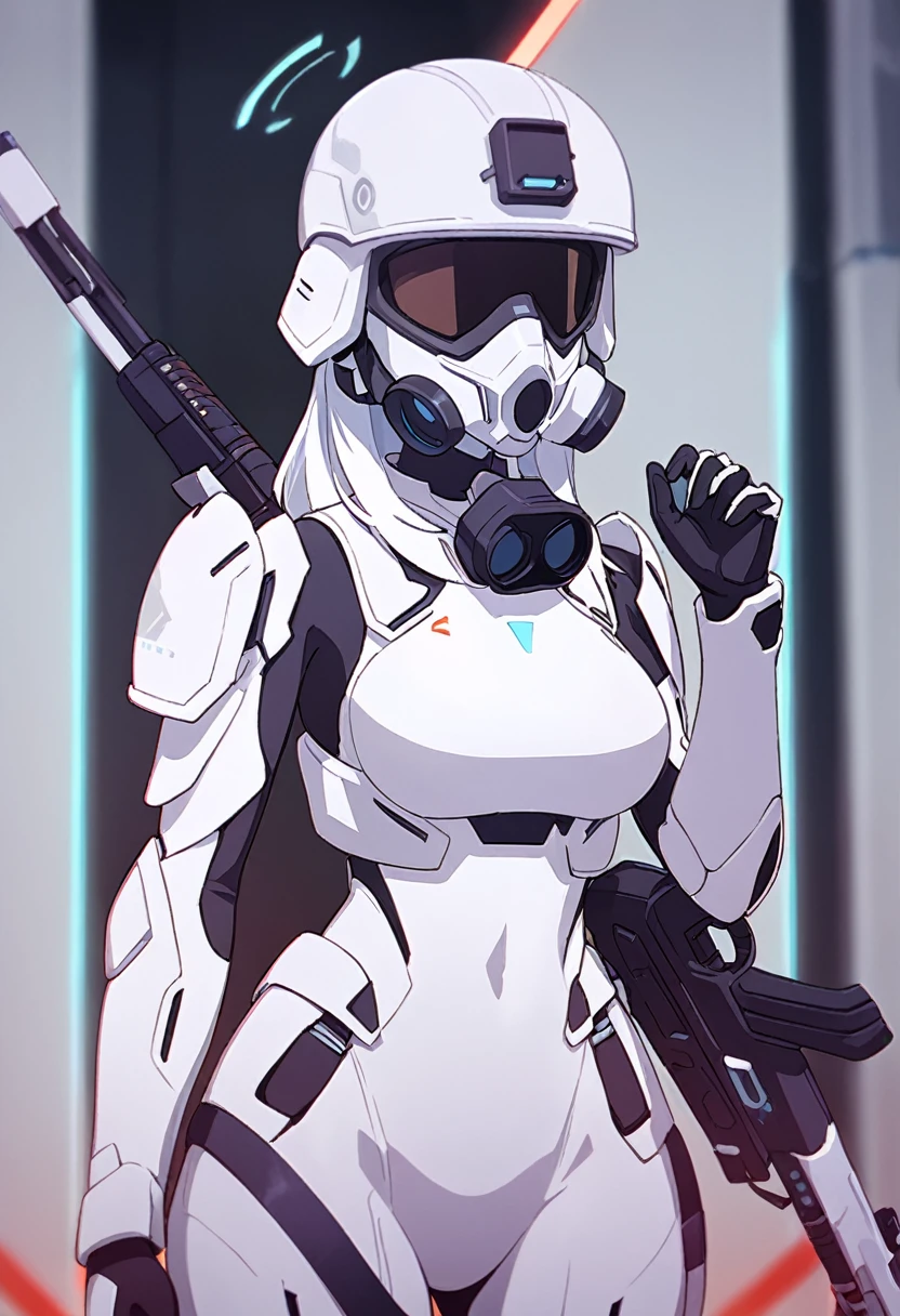 young woman, slightly curvy body, Science fiction, white ceramic armor, combat helmet with respirator, armed with a pulse shotgun