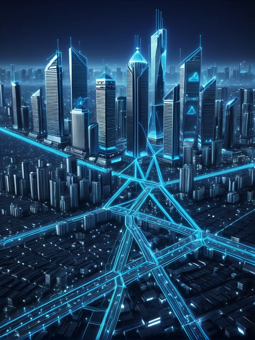 glowing blue connected polygonal lines of jakarta city in futuristic --ar 3:2 --v 6