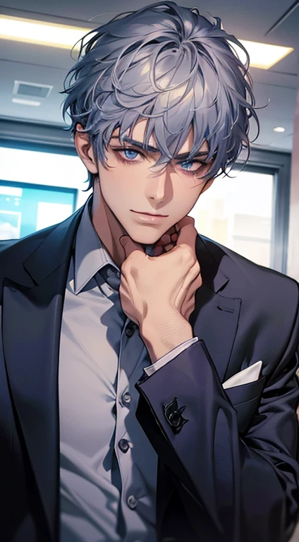 (best quality,4k,8k,highres,masterpiece:1.2),ultra-detailed,(realistic,photorealistic,photo-realistic:1.37),1 man,31 years old,mature man,very handsome,without expression,smile,short grey blue hair,blue eyes,penetrating gaze,perfect face without errors,imposing posture,businessman,office background,cinematic lighting,hdr image