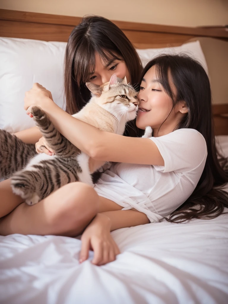 A beautiful woman playing with a cat on the bed