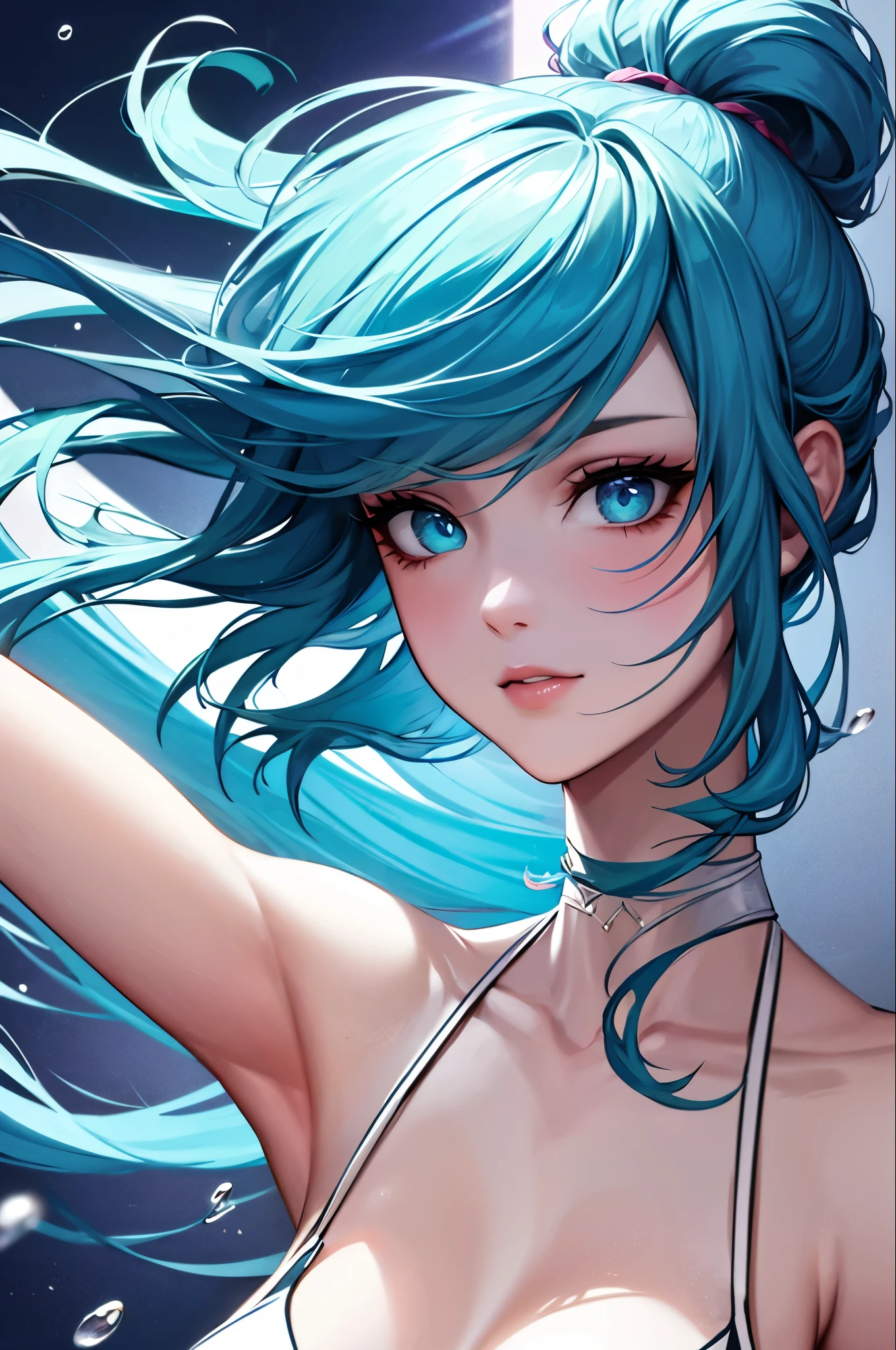 (masterpiece), (Highest quality), (Super detailed), (Disheveled Hair), (figure), (One Girl), (Fashionable clothes), Are standing, Fashion Model, Beholder, (interview), (Simple Background), Beautiful and beautiful eyes, Delicate and beautiful face, floating, (High saturation), (Colorful Splash), Colorful Bubbles, (Shine), Focus on the face, ponytail, Light blue hair, bangs, Hair Ring, floating Flowers, floating Hairs, (The Shining), Best lighting, Best Shadow