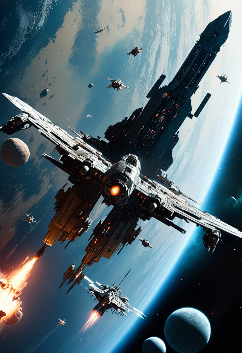 Space War, cinematic still, high budget, cinemascope, 4K epic detailed, by John_Berkey, best quality, masterpiece, very aesthetic, perfect composition, intricate details, ultra-detailed, vivid colors