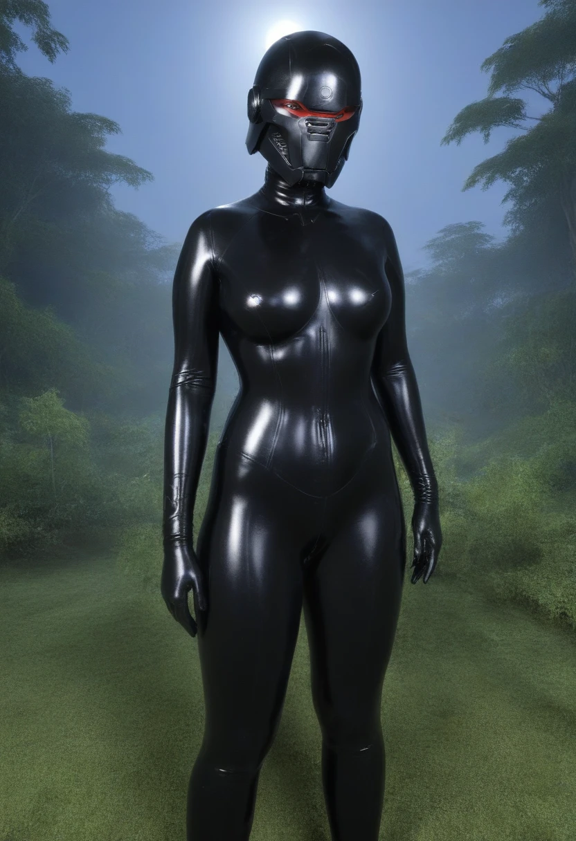 zPDXL, source_anime, BREAK Trilla, helmet with red translucent visor, , armor,black gloves,(tight silver bodysuit),,black pants, BREAK close-up, solo, standing, front view, medium breasts, , wide hips, BREAK x3dce, 3d, jungle background, dense vegetation, rain, night, night sky,
