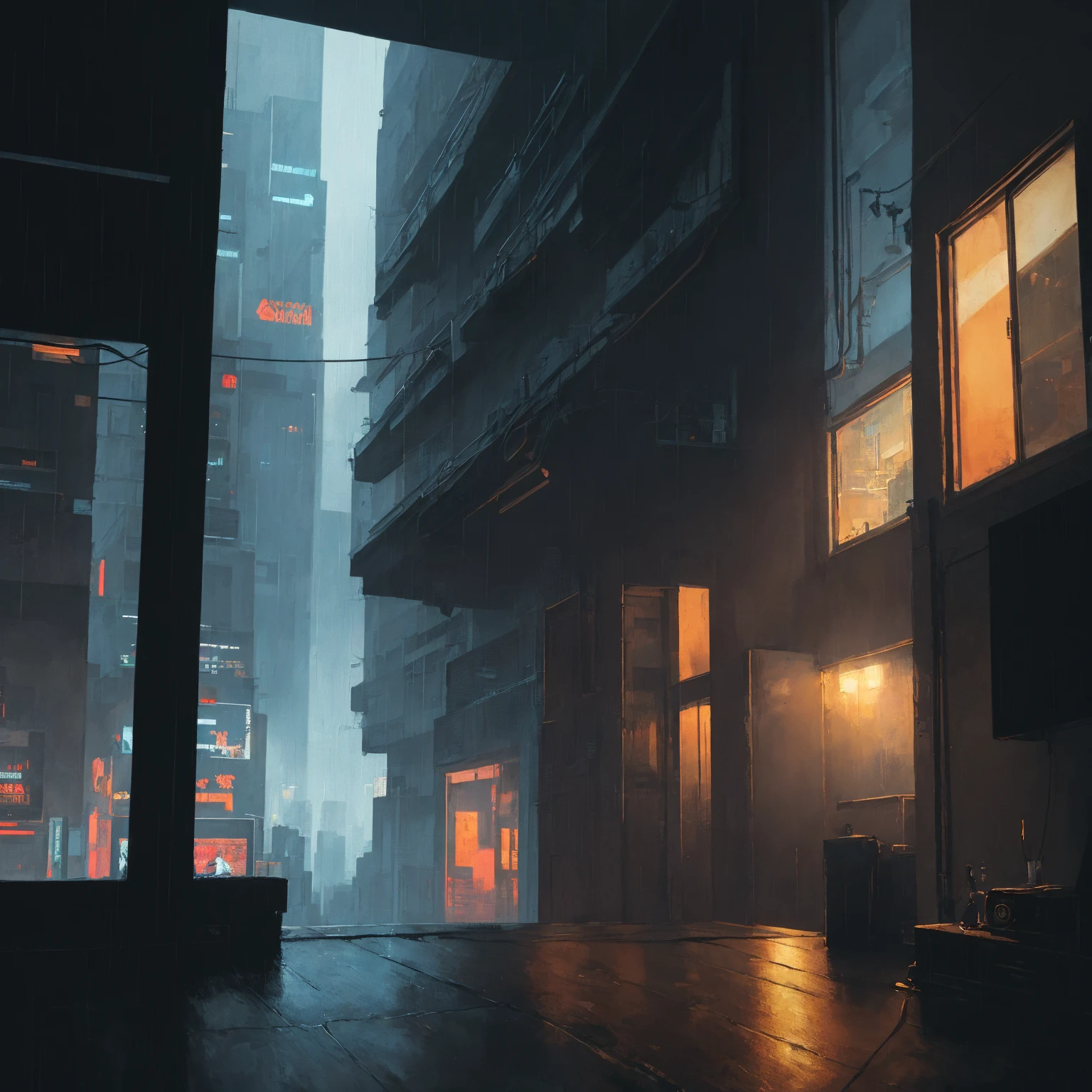 (masterpiece), (dark clouds), (cyberpunk living room), (indoor), (window), (rainy weather), (cyberpunk city), (realistic illustration), (cinematic), (looking out the winow)