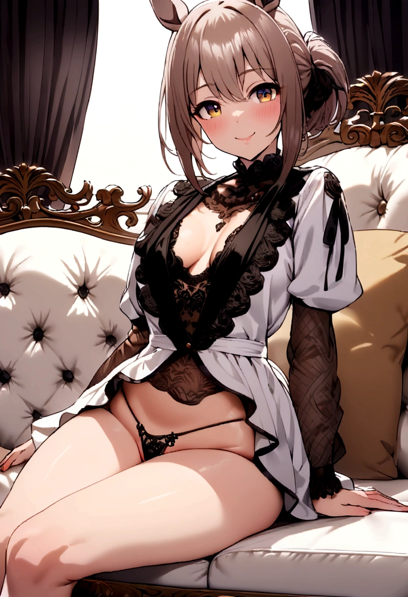 (((Horse Girl))), (((Fine Motion))), Thighs, Sitting on a plush sofa, (((Panties are slightly visible))), smile, Dress like a young lady, (((sexy thong panties))),
