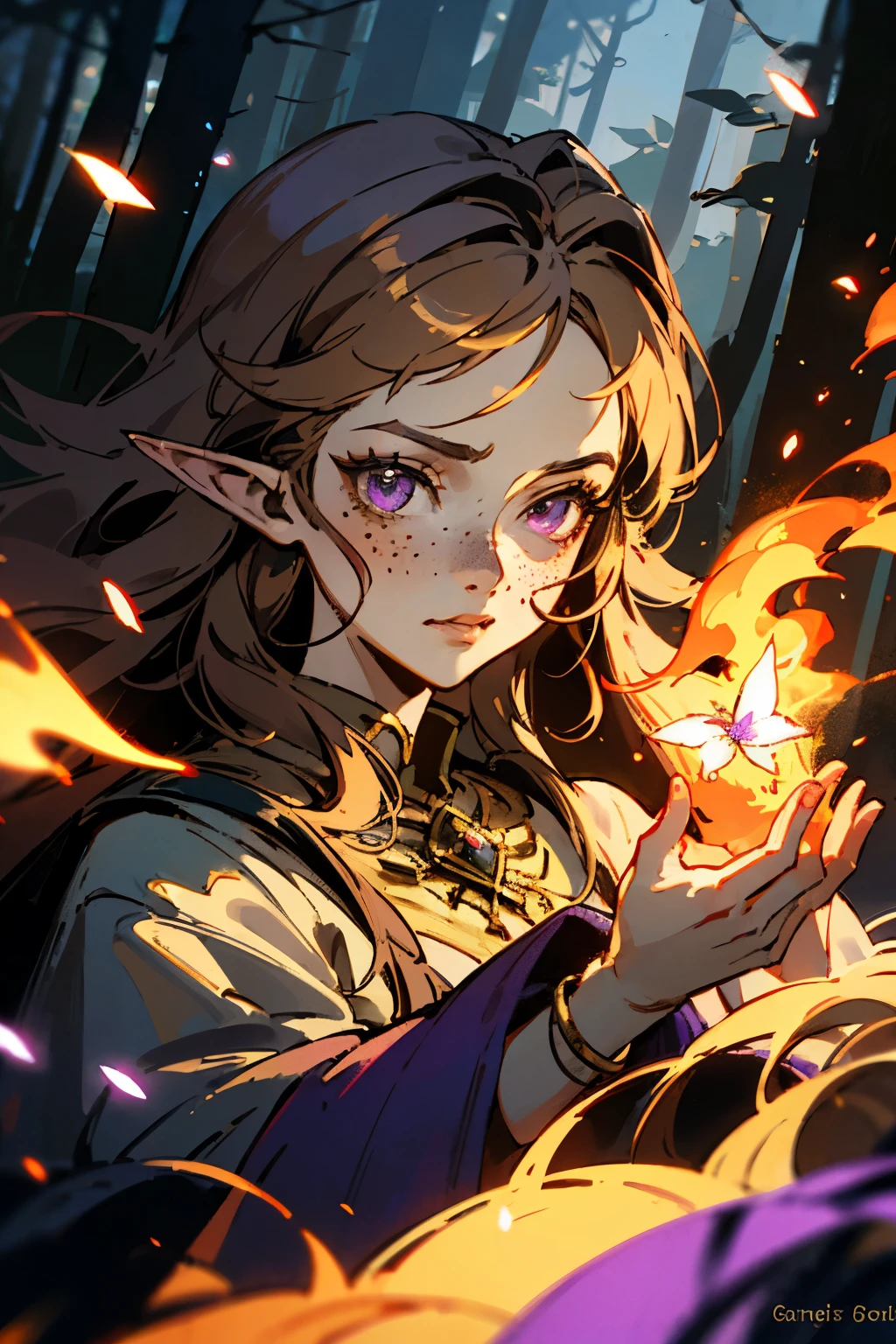 (masterpiece), best quality, expressive eyes, perfect face, magical, fantasy, DnD Character, Young woman, Half-elf, druid, long brown hair, lavender purple eyes, gold accessories, fair skin, pretty, freckles, in forest, druid clothing, magical glowing, magical forest, night time, fire flies