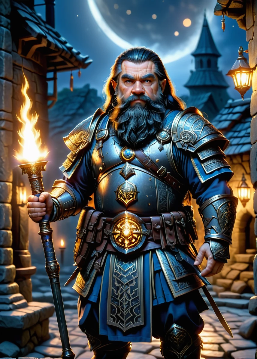 dwarf warrior, mature male, long black hair, beard, dwarf symbols and patterns, old ruins at night, (holding a weapon: 1.1), full shot, ((looking at viewer:1.2), (from side:0.8)), full armor, athletic, volumetric lighting dynamic lighting, real shadows, vibrant contrasting colors, style of Stephen Hickman and Stan Manoukian, ultra realistic, masterpiece, high quality, highres, sharp focus, intricate, sharp details, highly detailed, rich color, 8K,