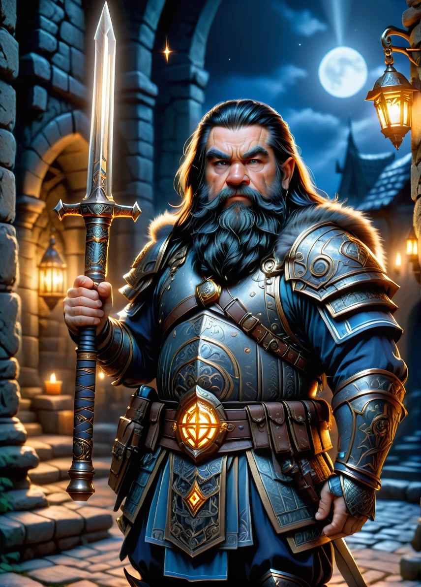 dwarf warrior, mature male, long black hair, beard, dwarf symbols and patterns, old ruins at night, (holding a weapon: 1.1), full shot, ((looking at viewer:1.2), (from side:0.8)), full armor, athletic, volumetric lighting dynamic lighting, real shadows, vibrant contrasting colors, style of Stephen Hickman and Stan Manoukian, ultra realistic, masterpiece, high quality, highres, sharp focus, intricate, sharp details, highly detailed, rich color, 8K,