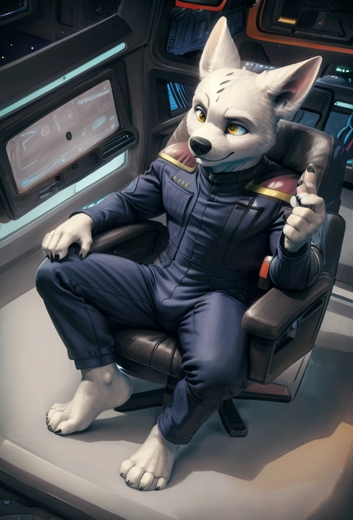 (((Barefoot furry character, full body, cinematic setting, furry male, plantigrade))) 

(((Bolt))) (anthro dog with white fur, very cute and young looking face, big black snout), exudes confidence and authority as he sits in the captain's chair, and his (((Star Trek uniform))) with the Starfleet Delta badge on his chest is a perfect match for his muscular figure. Handsome clawed feet paws dominate the bridge of the star ship and its crew. ((Bridge of Star Trek starship with many screens and consoles as background)), futuristic look, metalic. anatomically correct, dark blue jumpsuit, yellow piping on shoulders

BREAK, intricate details, highly detailed, extreme detail, octane render, fine art, best quality, highres, (detailed face:1.5), ((full_body)), UHD, (((perfect hands))), low light