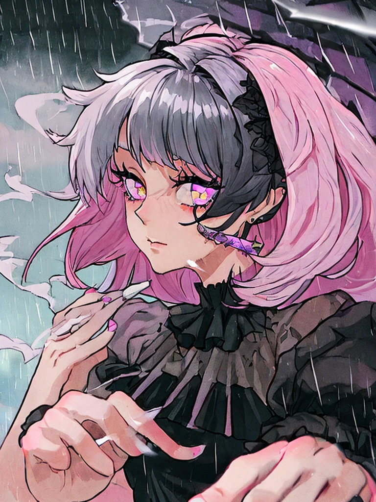 rain,Beauty,High nose,Long eyelashes,目にLight,Pink Lips,Closed Mouth,pastel colour,purple,Dull pink,Dull Blue,heart,Bobcut,Light,Strong winds,Fluttering Hair,Earrings,Smoke a cigarette,bad,cigarette,目にLight,Black Dress,Black lace,Black Hair,Inner color hair