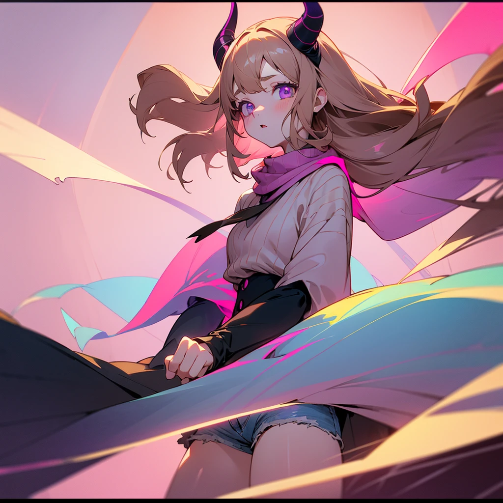 Pale skinned girl, bicolor eyes having one red and one brown, waist-length wavy light brown hair with two black strands, pastel purple sweater, denim shorts, a pink scarf with a blue line in the center on the neck, pink demon horns with pastel blue and pink and pastel blue demon tail