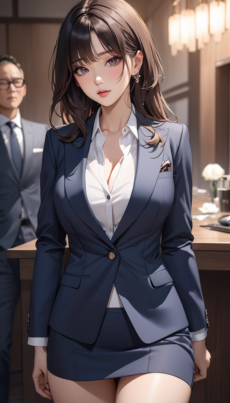 (((masterpiece))),(((High resolution)))、(((perfect face)))、(((Korean beauty))), (((business suit))), look at the camera, ((top quality eyes)), detailed face, (detailed texture), look at the camera,  big tits
