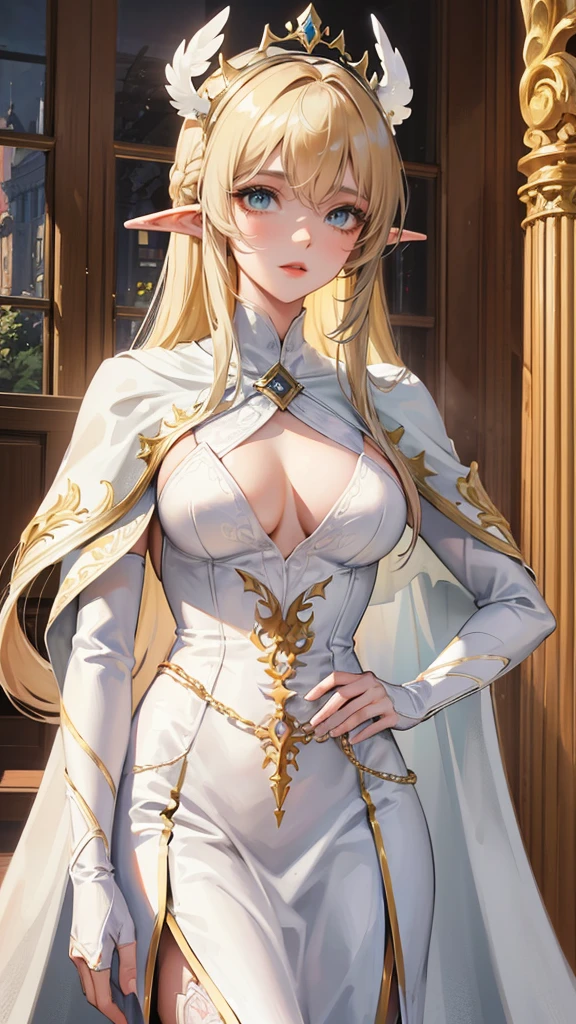 Photograph of the upper body of a beautiful woman, (nomal breasts, perfect body), Sharp focus, (proportional body , mature woman), ((Looking ahead)), (Highly detailed skin, hair follicles:1.4,),
( long hairstyles) blond hair, green eyes, angels  , elf ears, fantasy (wear white cape),  (white cloth), warriors , elegant, luxury, long skirts 
wear accessories , wear crowns , 