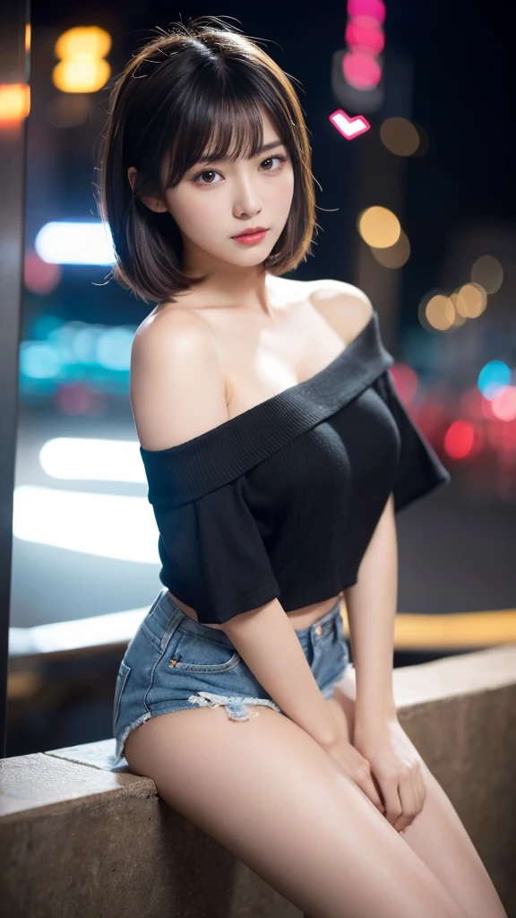No clothes, Pieces fly, Highest quality, figure, Very detailed, Fine details, High resolution, 8K,wallpaper, Perfect dynamic composition,(Detailed high quality, Realistic depiction of eyes:1.3), Off-the-shoulder T-shirt and denim mini shorts, Short Bob Hair, Black hair color, Big Natural Color Lip, Bold sexy pose, (Perfect figure), Crying a little、Cold Stare, Harajuku Style、20-year-old girl、Cute type、ta、Beautiful feet, Nightclub, Gravure idol pose, Voluptuous thighs, After sex,(heart:1.3)