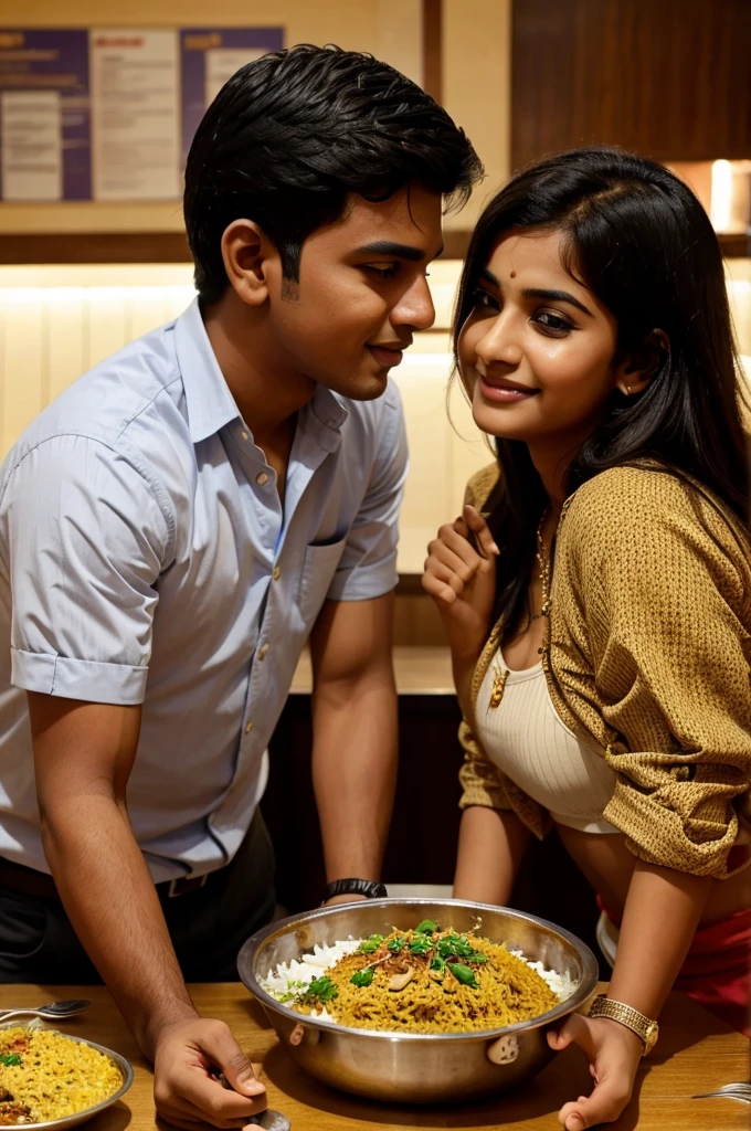 A boy and girl both are loving each other eating a biriyani in a restaurant
