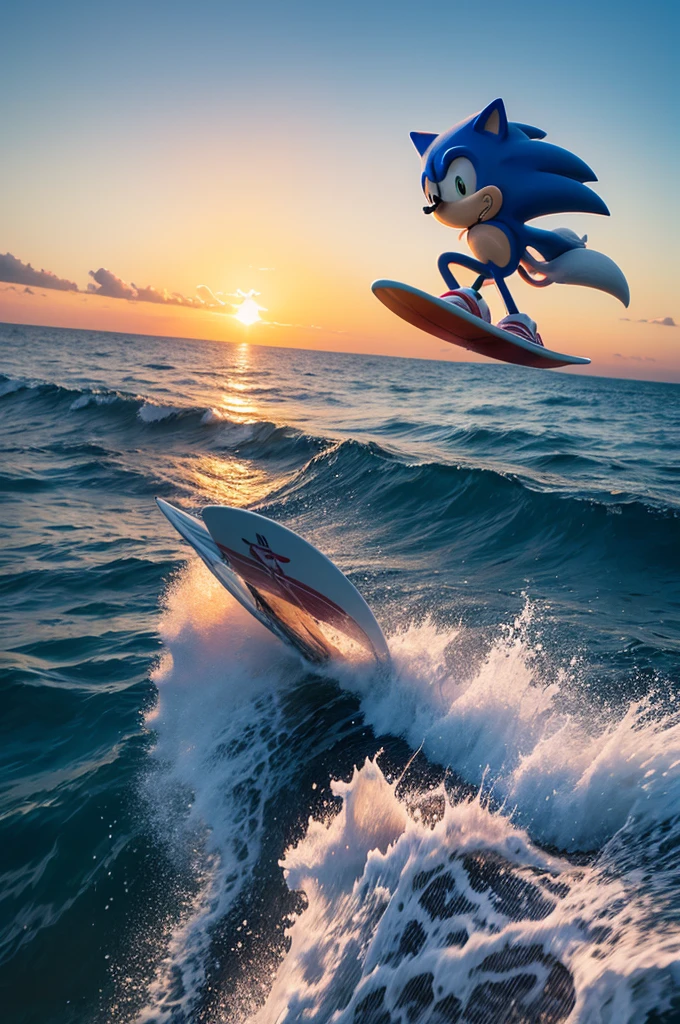 Sonic on a surfboard in the sea at sunrise