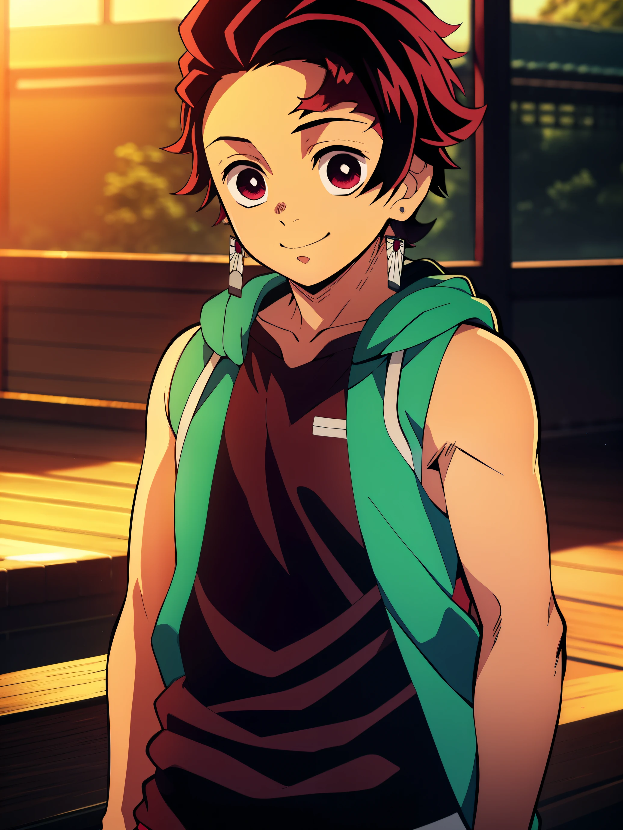 Highres, Masterpiece, Best quality at best,Best Quality,hight quality, hight detailed, Anime style, 1boy, Shota, young boy, Solo person, Tanjiro, earring, red hair, smile, (Sleeveless hoodie), Bare shoulder, Seen from the front, Look at viewer, body, (very young boy), (very small and short body), -yeld bo blurry beckground, hansome boy, Uhd, bokeh