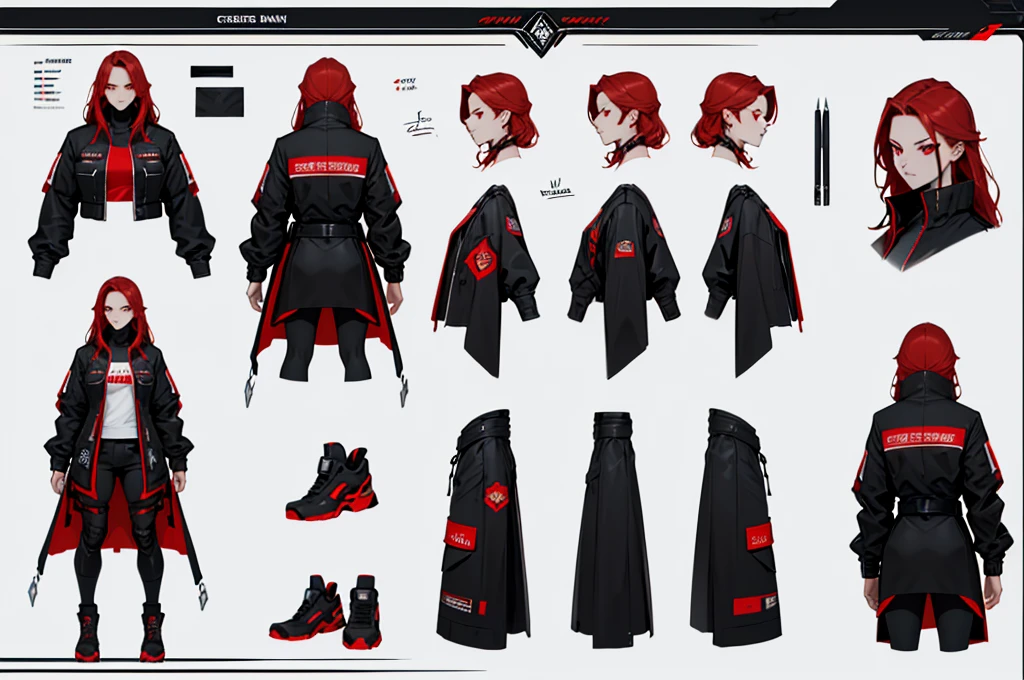 (character design plug, character reference sheet, concept art, same character, front, side, back) ( masterpiece, best quality, detailed face, super detailed, advanced details, highest quality, high resolution, 8K) White skin woman, female, badass, mysterious, long red hair, bright red eyes, futuristic black jacket, black techwear clothes, beautiful