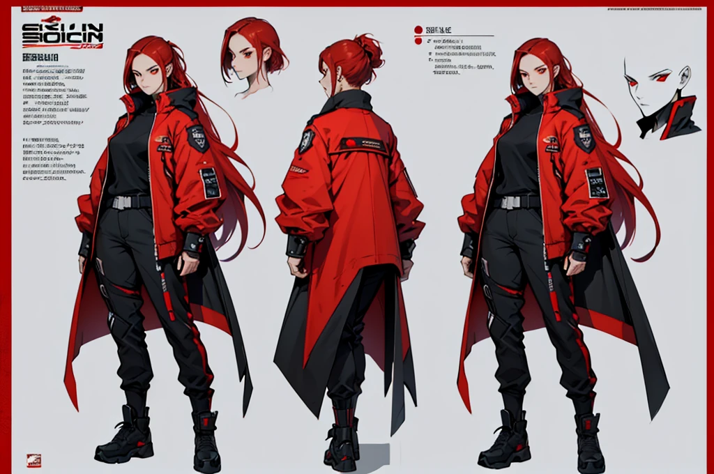 (character design plug, character reference sheet, concept art, same character, front, side, back) ( masterpiece, best quality, detailed face, super detailed, advanced details, highest quality, high resolution, 8K) White skin woman, female, badass, mysterious, long red hair, bright red eyes, futuristic black jacket, black techwear clothes, beautiful