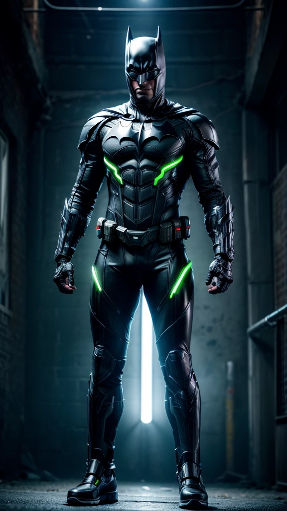 Masterpiece, best quality, NVIDIA RTX, sharp picture, cinematic lightning, hi-tech futuristic batman:1.3, perfect face details, proportional body, facial hair, luminous eyes:1.3, perfect mouth:1.3, neon luminous cybernetic-armor:1.3, black gold cybernetic-armor:1.3, neon-luminous cybernetic-limbs, perfect cape:1.3, cape blown by strong winds:1.3, symmetrical pose, full body, epic lights reflections, night, dark alley, fogs