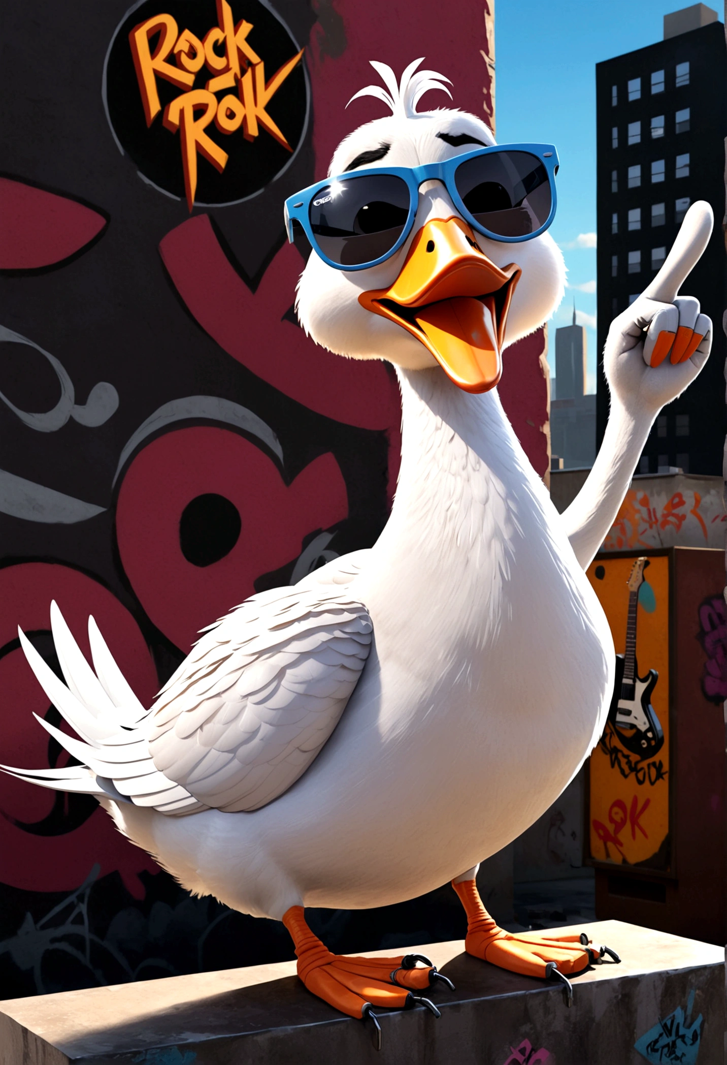 A 3D mascot-style goose is the central character of this image. The goose is wearing sunglasses and making theThe Rock And Roll Hand Sign, It is formed by extending the index and little fingers while holding the middle and ring fingers down with the thumb with one wing. The setting is an urban hard rock scene with elements such as graffiti-covered walls, electric guitars, amplifiers, and perhaps a stage. The overall vibe is gritty and energetic, with dark tones and bright highlights to emphasize the hard rock atmosphere. 8k, detailed portrait, striking pose, dynamic action, vibrant colors, neon lighting, futuristic, cyberpunk, hyper-realistic, cinematic, dramatic, mesmerizing