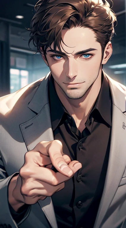 (best quality,4k,8k,highres,masterpiece:1.2),ultra-detailed,(realistic,photorealistic,photo-realistic:1.37),1 man,31 years old,mature man,very handsome,without expression,smile,short grey brown hair,blue eyes,penetrating gaze,perfect face without errors,imposing posture,businessman,office background,cinematic lighting,hdr image