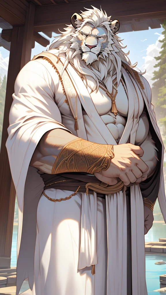 (masterpiece),(highres),(intricate details:1.4),extremely detailed,(illustration:1.2),8k,photorealistic,exquisite,,aged,elder male wolf ,muscular,(bishop :1.7),(Ancient Greek mythological style;1.8),(loose white robe:1.6),manhood,safeguard,(white hair:1.3),long hair,long white beard,scar,(bulging crotch:1.8),(homosexual),(naked upper body:1.7),(a serene face:1.9)