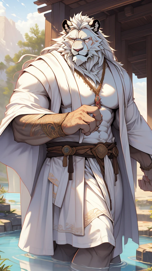 (masterpiece),(highres),(intricate details:1.4),extremely detailed,(illustration:1.2),8k,photorealistic,exquisite,solo, (Bold perspective),aged,elder male lion ,muscular, (Ancient Greek mythological style;1.8)(white robe:1.6),manhood,safeguard,(white hair:1.3),long hair,long white beard,scar,badly damaged,hurt,broken body ,the icey frozen lake,bleeding ,suffering,naked body