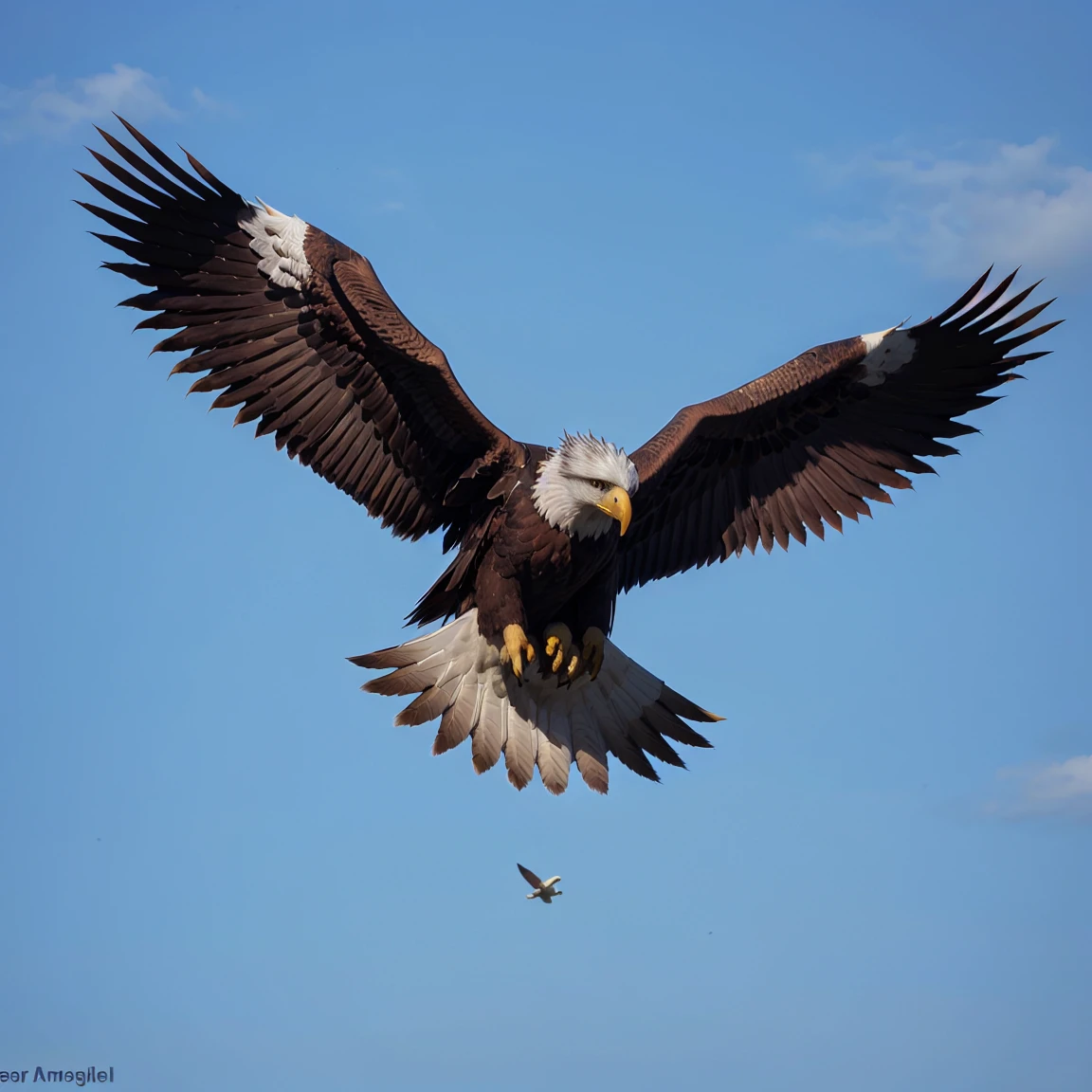 a beautiful American eagle soars with wings spread wide, side view