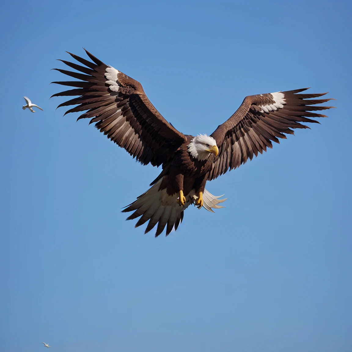 a beautiful American eagle soars with wings spread wide, side view