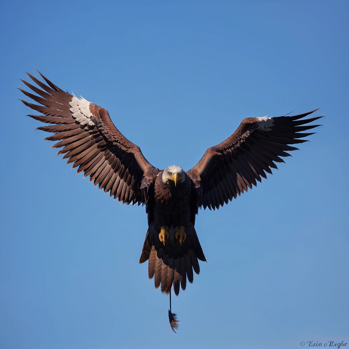 a beautiful American eagle soars with wings spread wide, side view