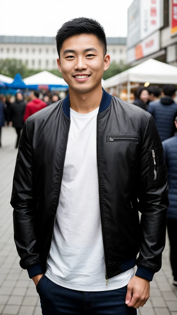 Masterpiece, best quality best, 1 young man, Asian man, East Asian people, one person, The muscles are in good proportion., Posing obscenely, short hair details， white teeth, jacket set, market background, Realistic style，photography，Can be seen from the front, see viewers