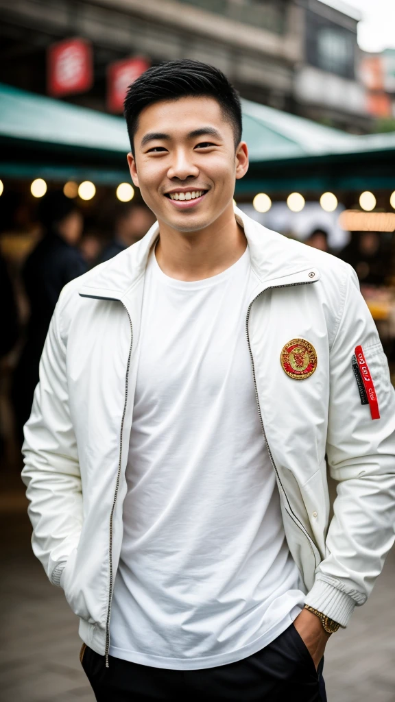Masterpiece, best quality best, ung man, Asian man, East Asian people, one person, The muscles are in good proportion., Posing obscenely, short hair details, white teeth, jacket set, market background, Realistic style,photography,Can be seen from the front, see viewers