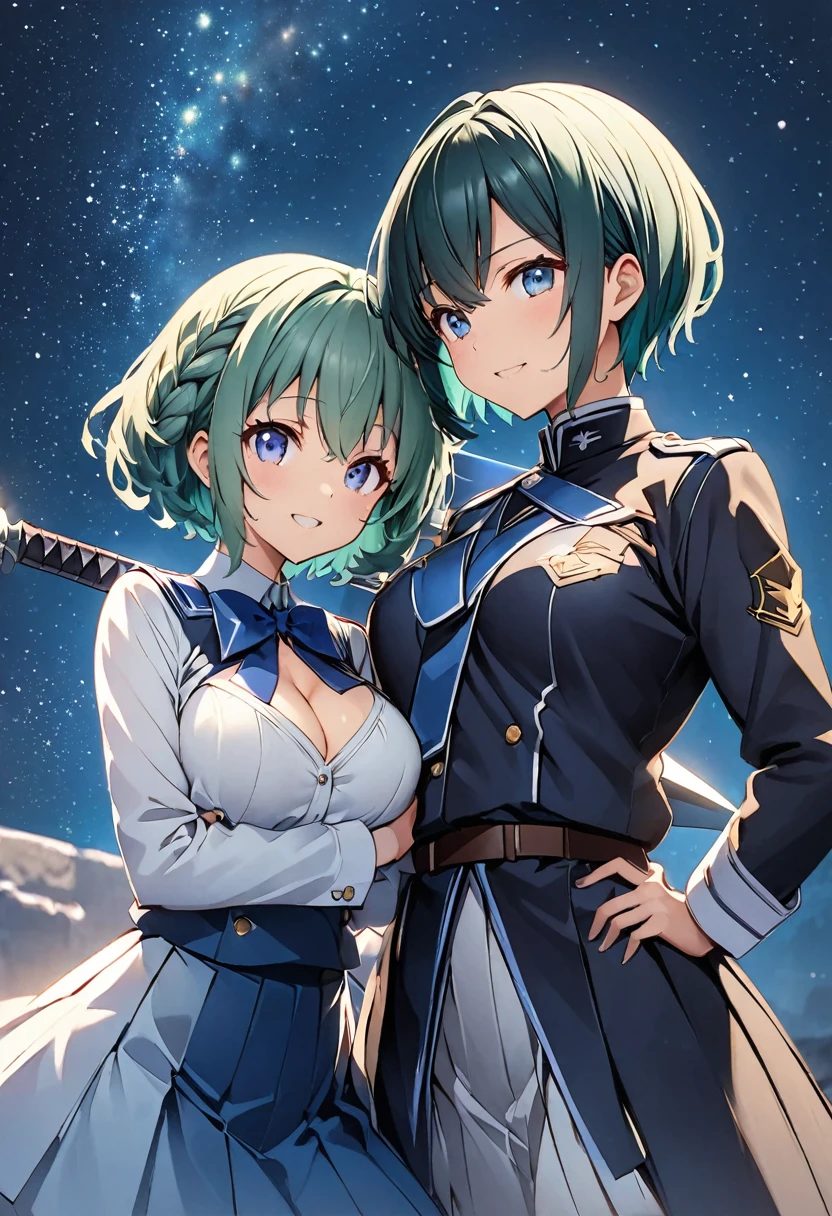Blue-green hair girl Blue Eyes Short Hair レッサーパンダstuffed toy Second Dimension anime An illustration vtuber C Cup Warrior uniform military uniform long sleeves Clothes patina Cleavage stuffed toy Embrace Braided Hair Arrangement The background is a starry sky like the universe Ready your sword