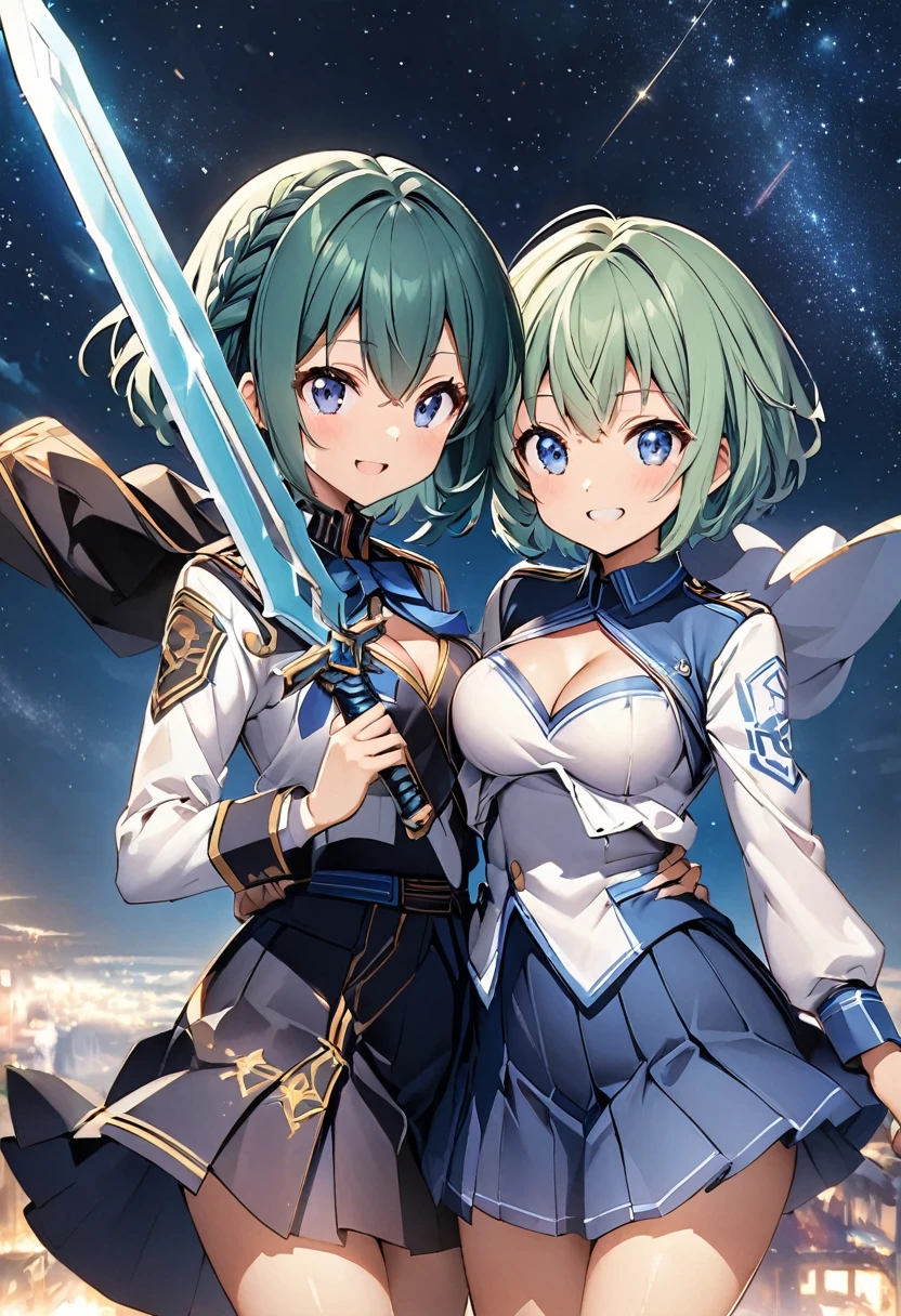 Blue-green hair girl Blue Eyes Short Hair レッサーパンダstuffed toy Second Dimension anime An illustration vtuber C Cup Warrior uniform military uniform long sleeves Clothes patina Cleavage stuffed toy Embrace Braided Hair Arrangement The background is a starry sky like the universe Ready your sword