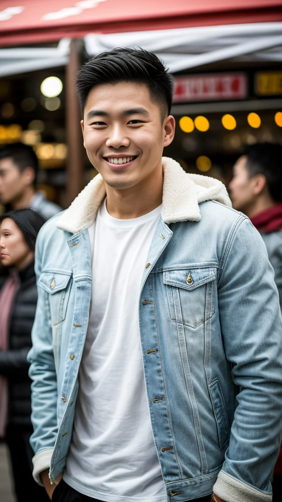 Masterpiece, best quality best, ung man, Asian man, East Asian people, one person, The muscles are in good proportion., Posing obscenely, short hair details, white teeth, jacket set, market background, Realistic style,photography,Can be seen from the front, see viewers