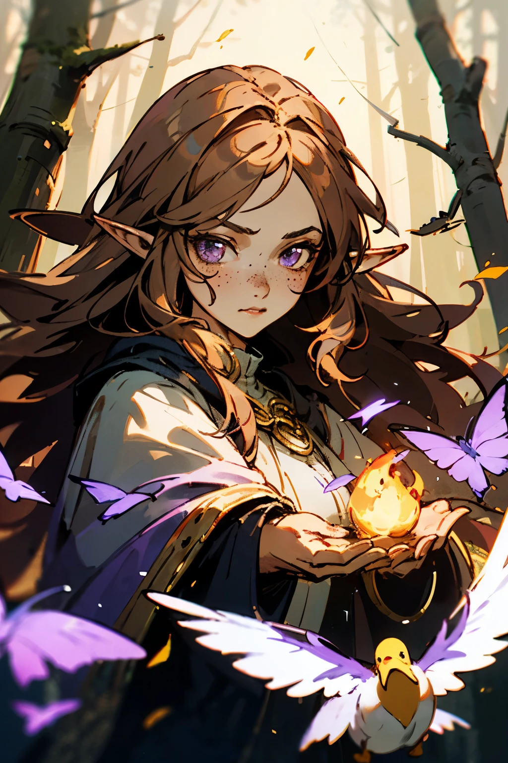 (masterpiece), best quality, expressive eyes, perfect face, magical, fantasy, DnD Character, Young woman, Half-elf, druid, long brown hair, lavender purple eyes, gold accessories, fair skin, pretty, freckles, in forest, druid clothing, magical glowing, magical forest, night time, fire flies, holding white cute duck