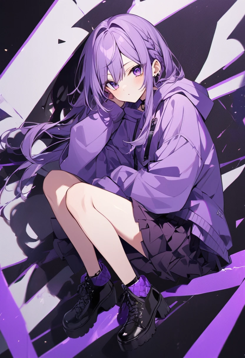 Keito。Purple Eyes。Purple Hair。Purple Skirt。Black shoes下。Black shoes。Purple hoodie